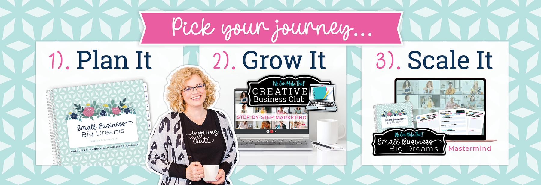 Aquab background, lady holding coffee cup, mockups of marketing tools.