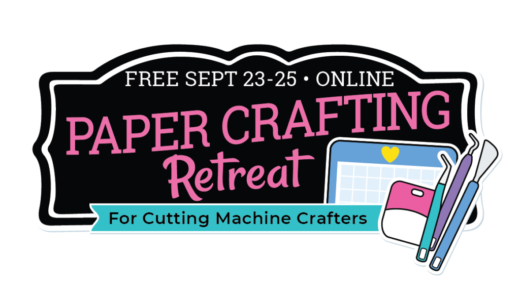 Paper Crafting Retreat logo with cutting tool clip art.